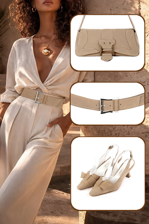 Women's tan beige elegant slingback heels, with a bow on the front. Tapered toe. Medium spool heels - Top view
